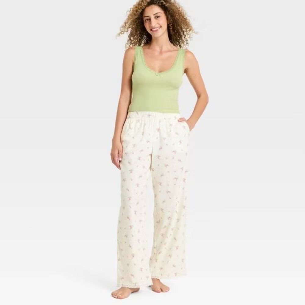 Women's Lace Trim Flannel Pajama Pants - Wild Fable™ Cream Floral S